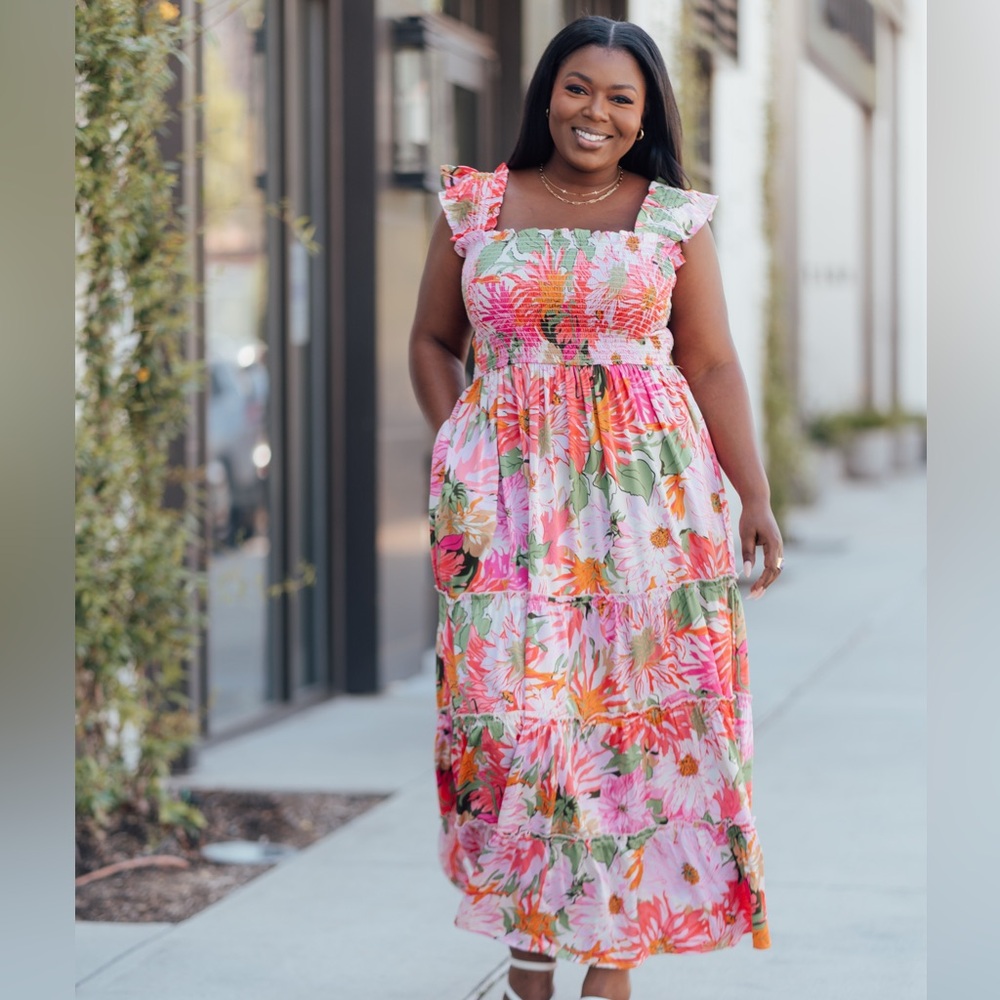 MELLODAY Pink Floral Maxi Dress with Green and Orange Blooms